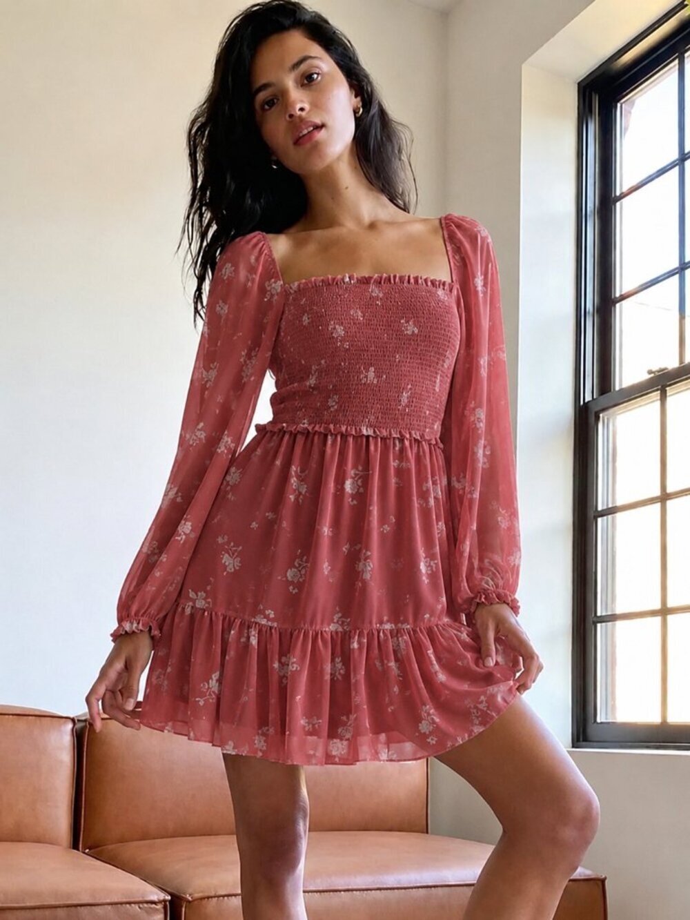 Aritzia Wilfred Tempest Mini Dress Smocked Chiffon Pink Mauve Floral Size XS